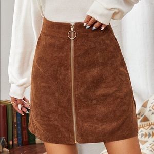 O-Ring Zip Front Slant Pocket Corduroy A-Line Skirt in rust brown. Size …